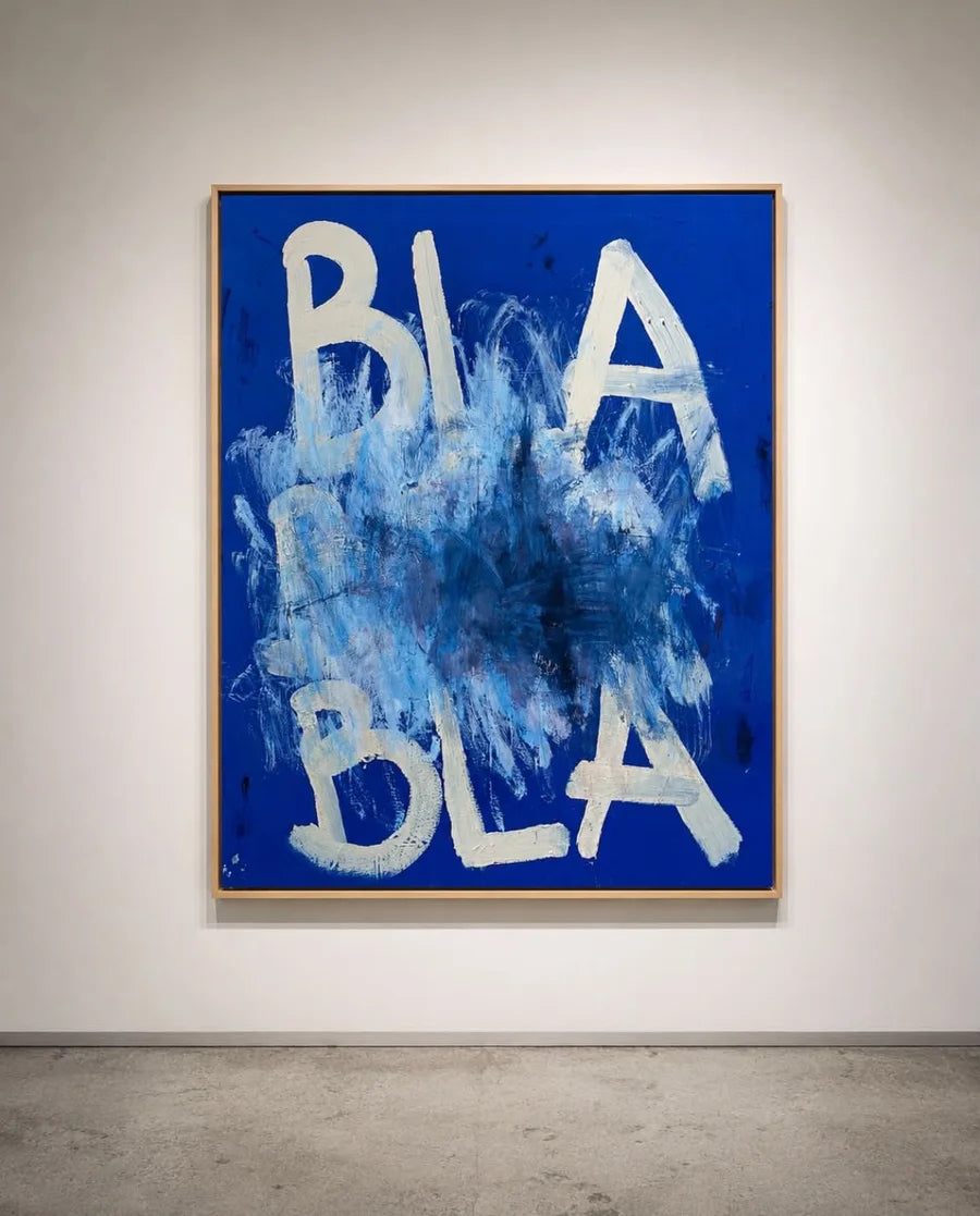 White BLA lettering over a textured blue painting in a wooden frame