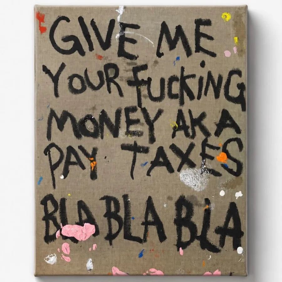 Black handwritten words and small colour marks on a natural canvas