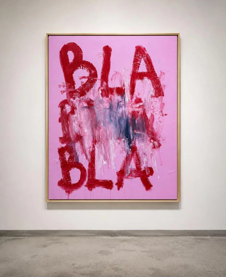 Red BLA lettering on a pink painting in a wooden frame